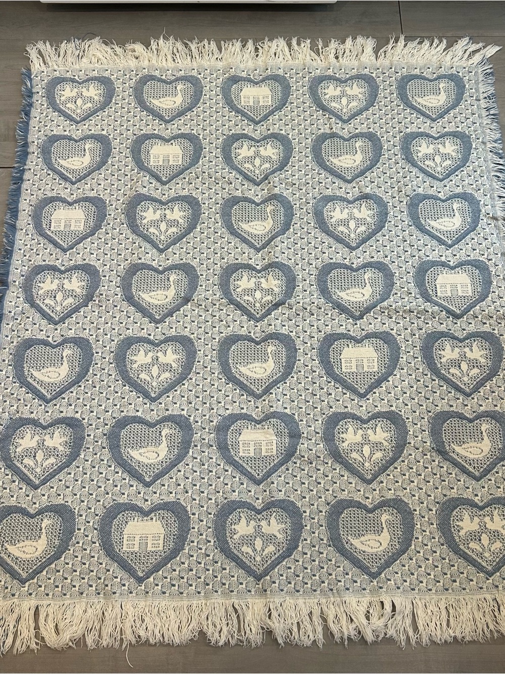 Vtg Woven Tapestry Throw Blanket Hearts Ducks Cottagecore Farmhouse Fringe 44x50
